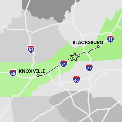 A map depicting the Starnes Communications service area for utility support -- including network access points and fiber splicing -- and residential and commercial tree services from Knoxville, TN, to the Tri-Cities of TN/VA, and rural Southwest Virginia to Blacksburg.