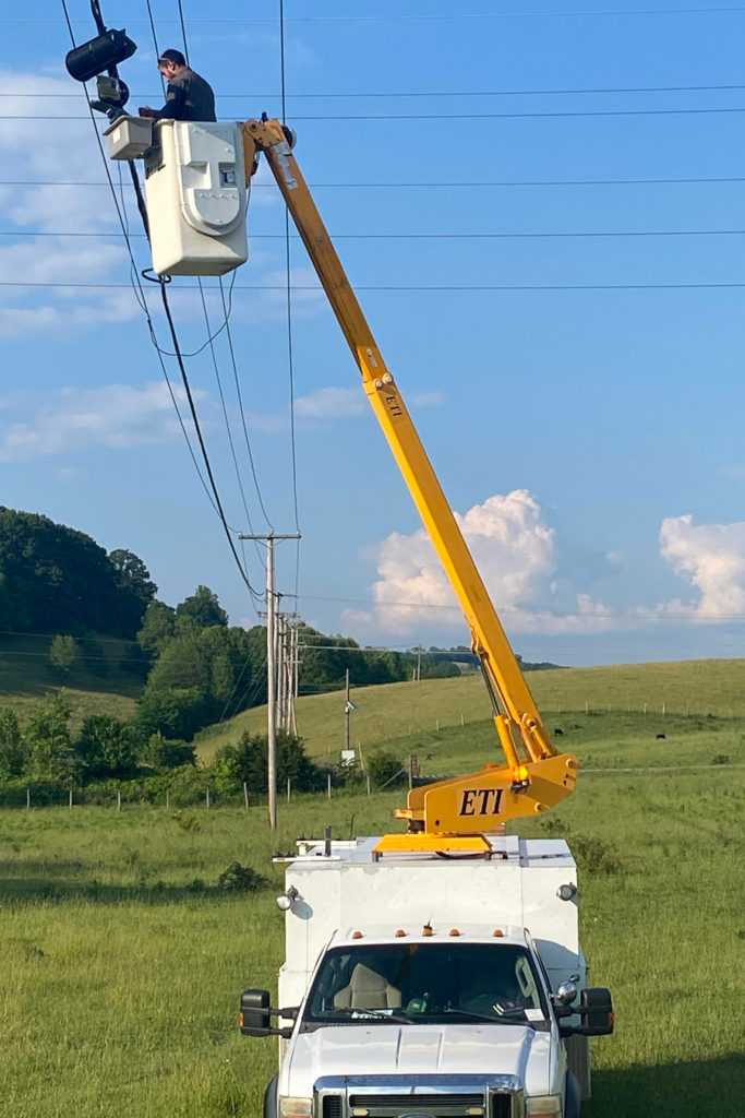 A qualified technician for Starnes Communication performs utility line contracting services for telecommunications infrastructure in Southwest Virginia between Bristol and Blacksburg.